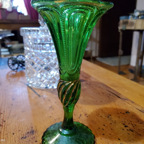 Antique EAPG Green Glass Bud Vase Gold Trim Zipper Bubbles OLD - Picture 2 of 9